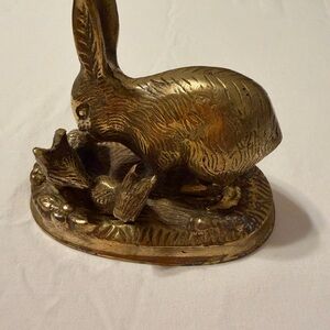 Solid Brass Art Sculpture mother rabbit with baby rabbits paperweight